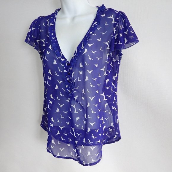 Lily Rose Sheer Top Women XS Cap Sleeve Blue Bird - Picture 3 of 5